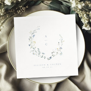 Guardanapo De Papel Dusty Blue Wildflower Rustic Boho Casamento Monogr