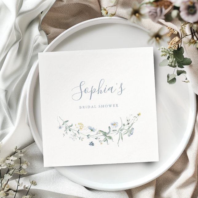 Guardanapo De Papel Dusty Blue Wildflower Rustic Chá de panela (Dusty Blue Wildflower Rustic Boho Bridal Shower Napkins)