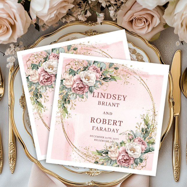 Guardanapo De Papel Dusty Pink Floral Eucalyptus Sparkle Gold Wedding  (Dusty Pink Floral Eucalyptus Sparkle Gold Wedding Napkins)