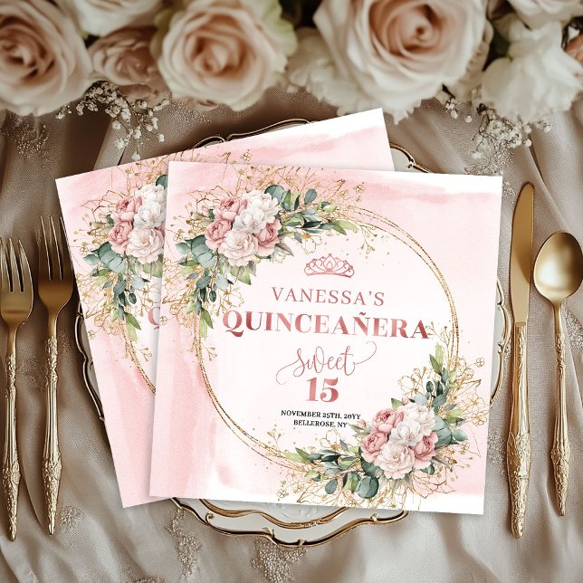 Guardanapo De Papel Dusty Pink Floral Napkins for Elegant Quinceañera (Dusty Pink Floral Napkins for Elegant Quinceañera)