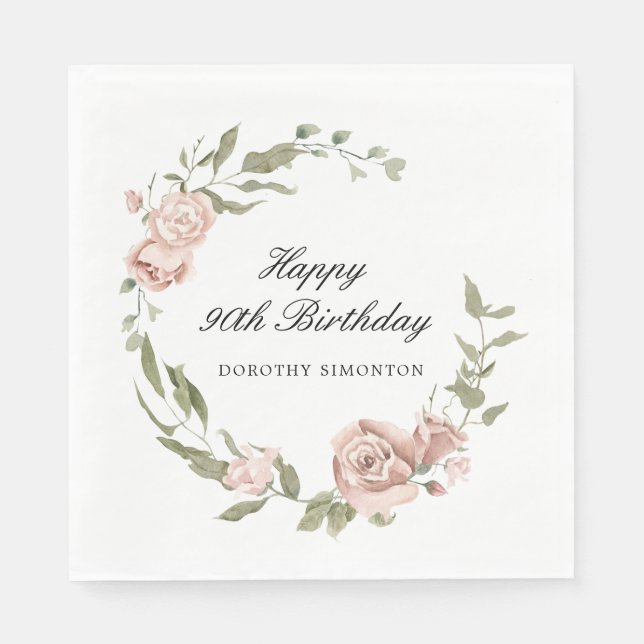 Guardanapo De Papel Dusty Pink Rose Floral 90 Birthday (Frente)