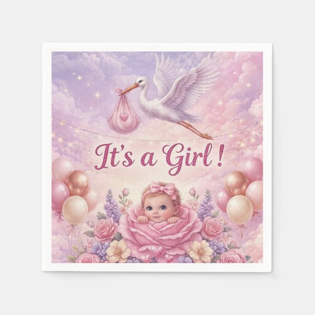 Guardanapo De Papel É uma Menina Chuvada de Rosa para Chá de Bebê (Frente)