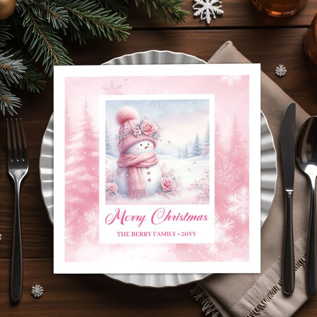 Guardanapo De Papel Editable Pink Snowman Kids Winter Scene Pinkmas  (Editable Pink Snowman Kids Winter Scene Pinkmas Christmas Napkins

)