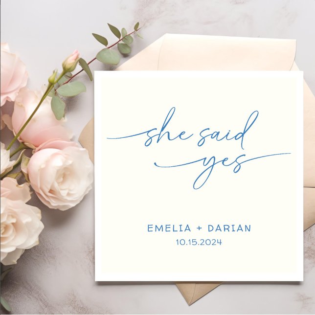 Guardanapo De Papel Ela Disse Sim Festa de noivado Azul (Criador carregado)