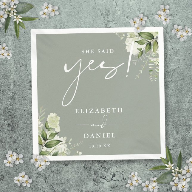 Guardanapo De Papel Ela Disse Sim Verde Sage Verde Festa de Noivado (She Said Yes Greenery Sage Green Engagement Party Napkins)
