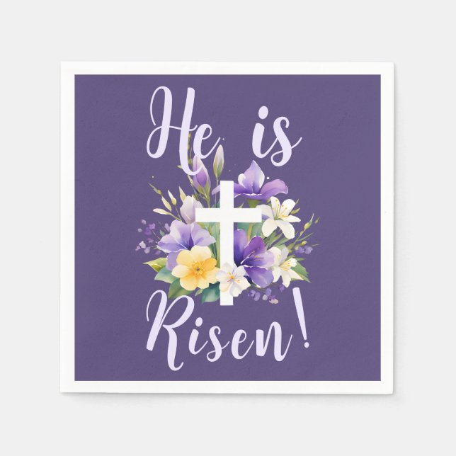 Guardanapo De Papel Ele é Risen! Páscoa Religiosa Floral Roxa (Frente)