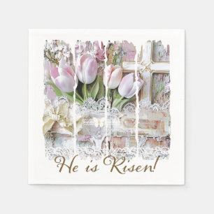 Guardanapo De Papel Ele é Risen Páscoa Tulip Cross Christian Vintage