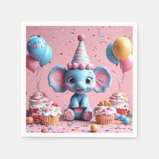 Guardanapo De Papel Elefante de aniversário com bolo e balões (Frente)
