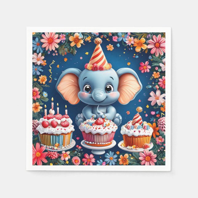 Guardanapo De Papel Elefante de aniversário com bolo e balões (Frente)