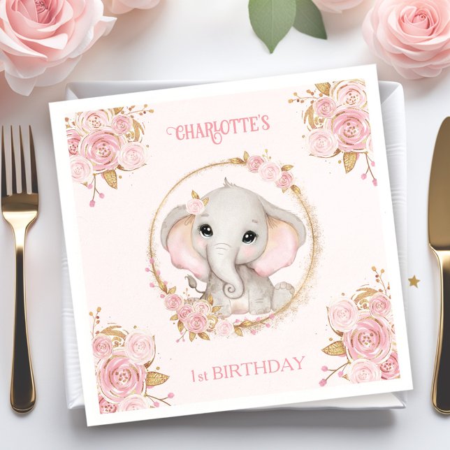 Guardanapo De Papel Elefante Rosa Rosa Rosa primeiro aniversario Flora (Elephant Pink Rose Floral 1st Birthday Napkins)