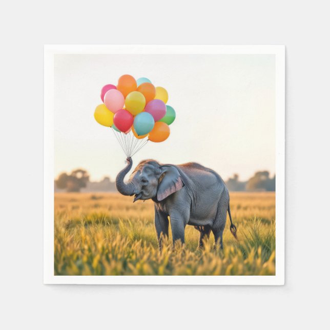 Guardanapo De Papel Elefante Segurando Um Buquê De Balão De Aniversári (Frente)