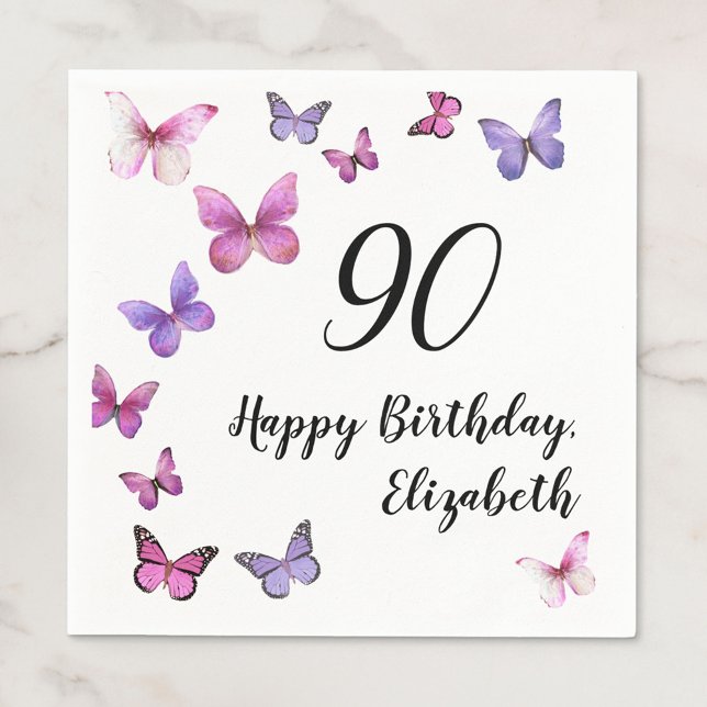 Guardanapo De Papel Elegant 90th Birthday Butterflies Custom Name (Criador carregado)