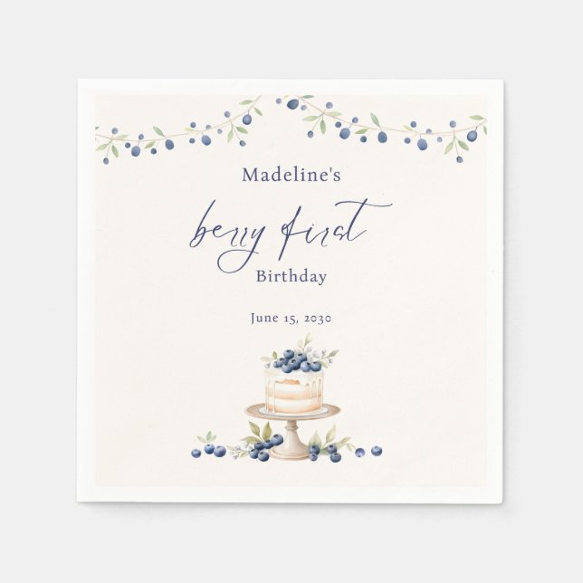 Guardanapo De Papel Elegant Berry First Blueberry Birthday Party (Frente)
