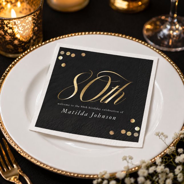Guardanapo De Papel Elegant Black and Gold 80th Birthday Party (Elegant Black and Gold 80th Birthday Party Napkins)