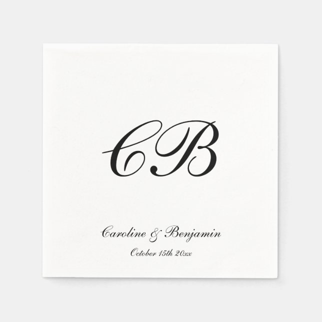 Guardanapo De Papel Elegant Black and White Script Monogram Wedding (Frente)