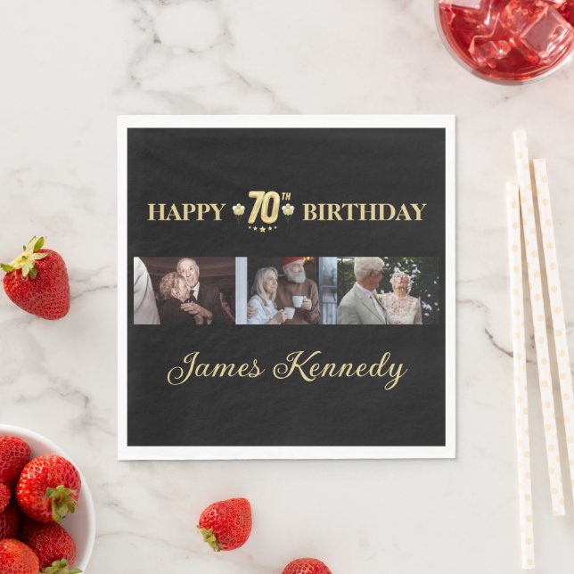 Guardanapo De Papel Elegant Black & Gold 70th Birthday Photo Napkin  (Insitu)