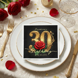 Guardanapo De Papel Elegant Black Gold Red Rose 30th Birthday Party