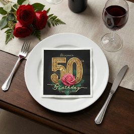 Guardanapo De Papel Elegant Black Gold Red Rose 50th Birthday Party