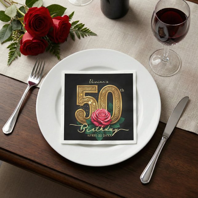 Guardanapo De Papel Elegant Black Gold Red Rose 50th Birthday Party (Criador carregado)