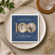 Elegant Blue and Gold Custom Photo 100th Birthday 