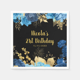 Guardanapo De Papel Elegant Blue and Gold Flowers Birthday Party 