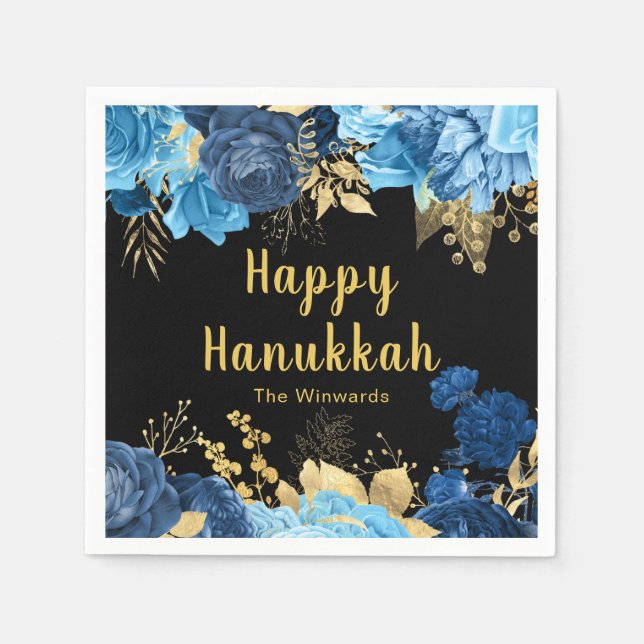 Guardanapo De Papel Elegant Blue and Gold Flowers Hanukkah Party (Frente)