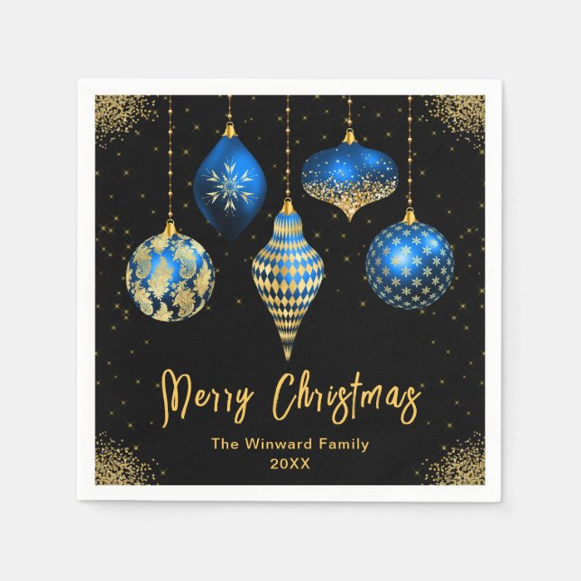 Guardanapo De Papel Elegant Blue and Gold Ornament Christmas (Frente)