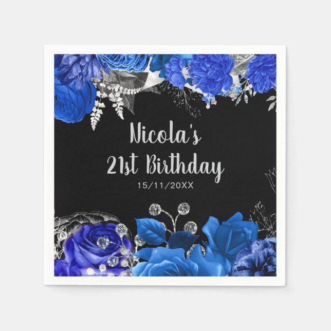 Guardanapo De Papel Elegant Blue and Silver Flowers Birthday Party (Frente)