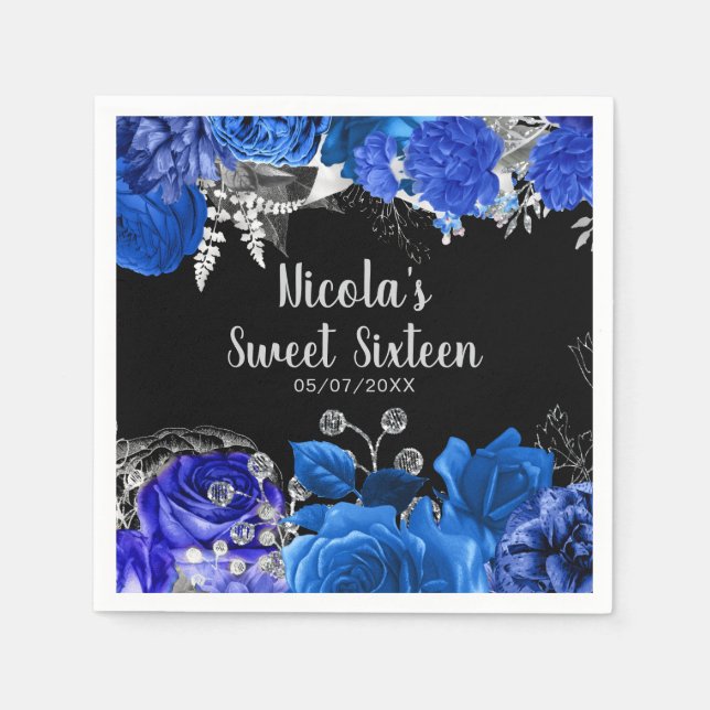 Guardanapo De Papel Elegant Blue and Silver Flowers Sweet Sixteen (Frente)