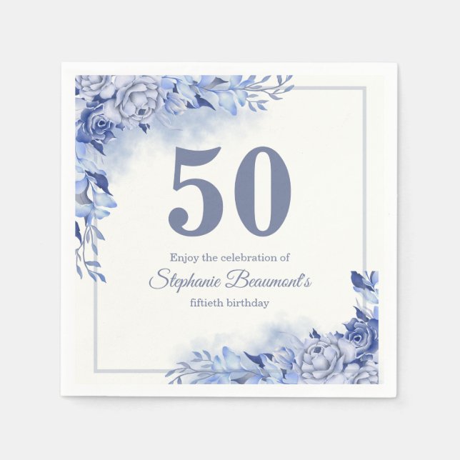 Guardanapo De Papel Elegant Blue Roses Floral Women's 50th Birthday  (Frente)