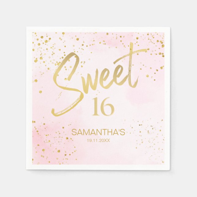 Guardanapo De Papel Elegant Blush Pink & Gold Confetti Sweet 16  (Frente)