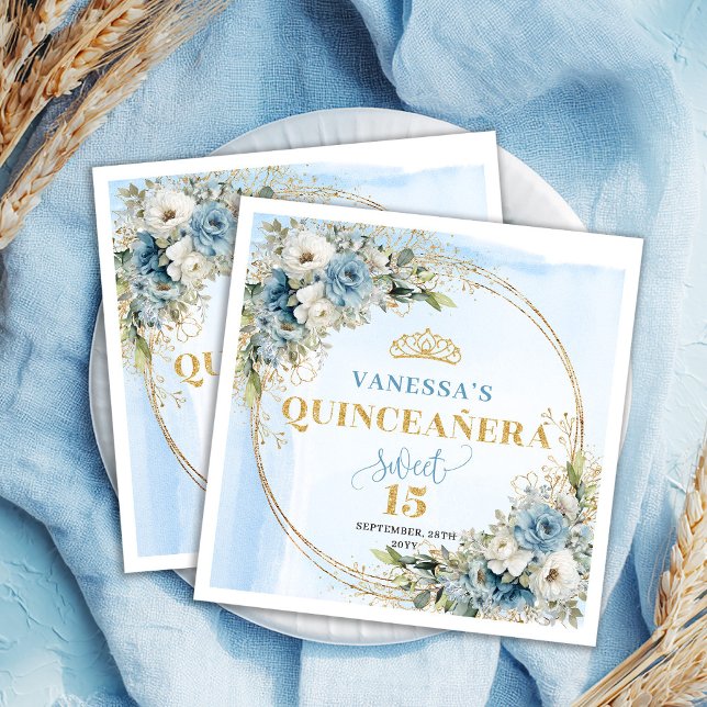 Guardanapo De Papel Elegant Bohemian Dusty Blue Floral Gold Glitter  (Boho Dusty Blue Floral Eucalyptus Gold Glitter Quinceañera)