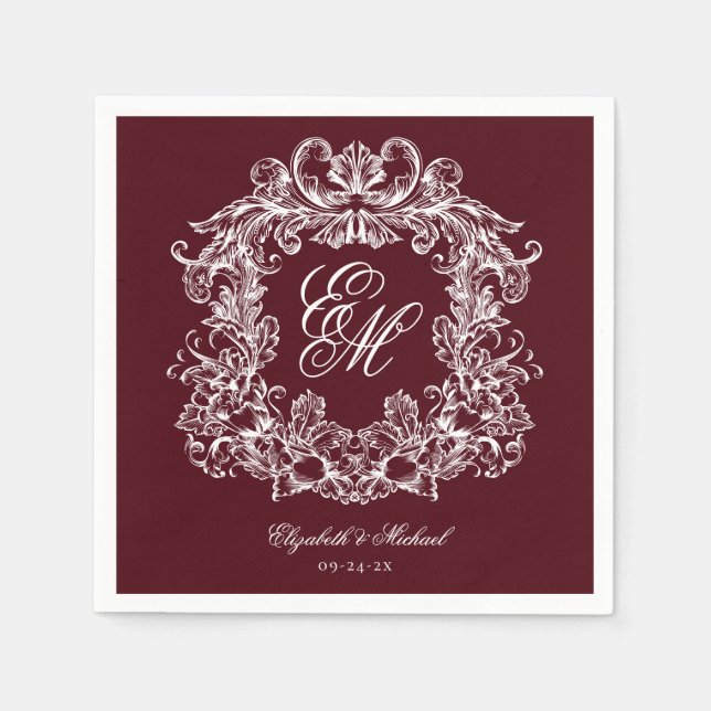 Guardanapo De Papel Elegant Burgundy Monogram Crest Script Wedding (Frente)