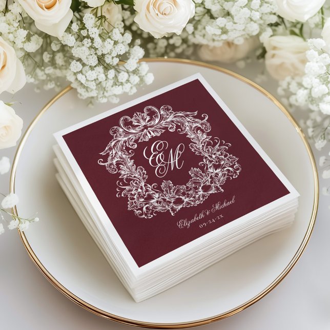 Guardanapo De Papel Elegant Burgundy Monogram Crest Script Wedding (Criador carregado)