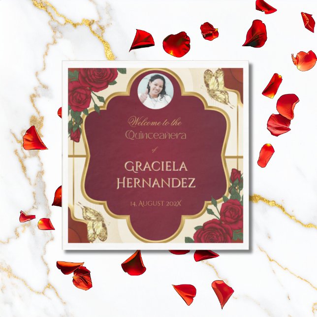 Guardanapo De Papel Elegant Burgundy Red & Gold Rose Quinceañera  (Criador carregado)