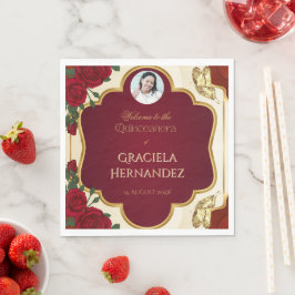 Guardanapo De Papel Elegant Burgundy Red & Gold Rose Quinceañera 