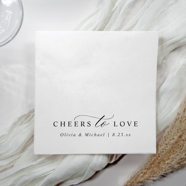 Guardanapo De Papel Elegant Cheers to Love Simple Black White Wedding (Black and white wedding napkins with elegant calligraphy reading “cheers to love” in modern style)