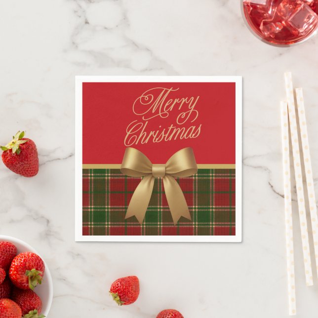 Guardanapo De Papel Elegant Christmas Plaid Napkin with Gold Bow (Insitu)