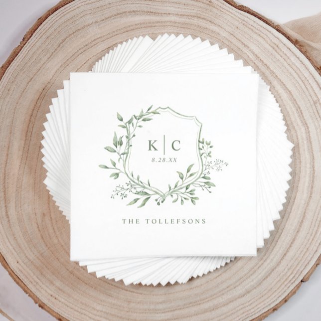 Guardanapo De Papel Elegant Crest Sage Watercolor Wedding Logo (Elegant sage green wedding napkin with hand-painted watercolor crest and initials)