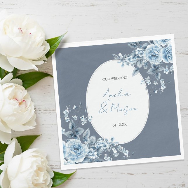 Guardanapo De Papel Elegant Dusty Blue Floral Script Wedding  (Elegant Dusty Blue Floral Script Wedding Napkins)