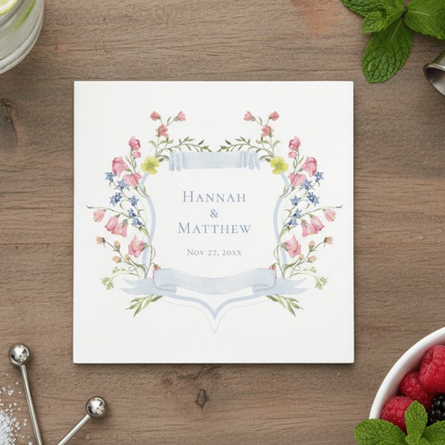 Guardanapo De Papel Elegant Dusty Blue Pastel Wildflower Crest Wedding (Criador carregado)