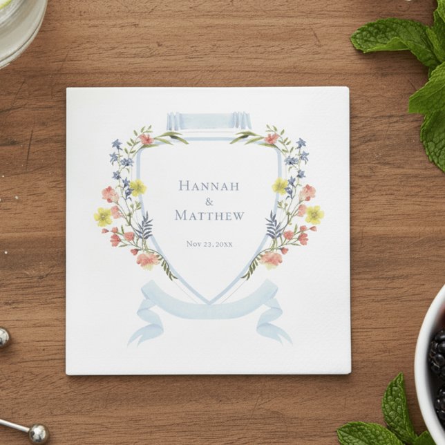 Guardanapo De Papel Elegant Dusty Blue Pastel Wildflower Crest Wedding (Criador carregado)