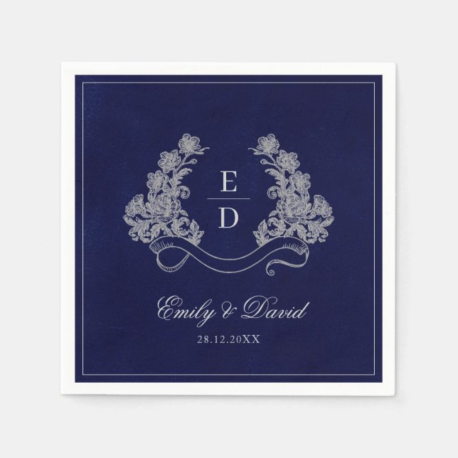 Guardanapo De Papel Elegant Floral Crest Navy Monogram Paper Napkin (Frente)