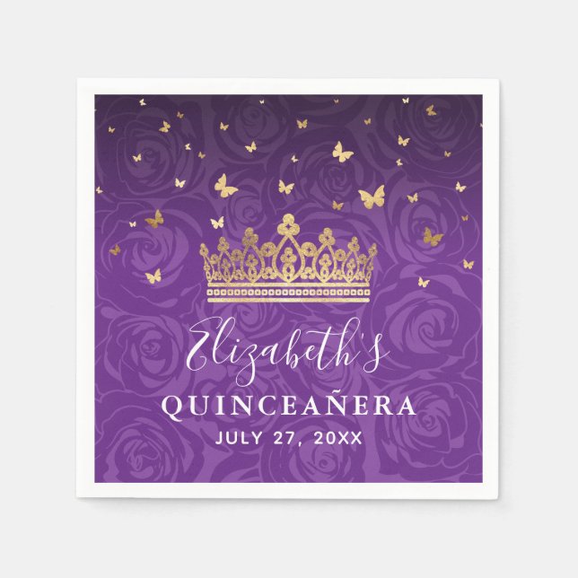 Guardanapo De Papel Elegant Floral Purple Gold Crown Birthday Template (Frente)