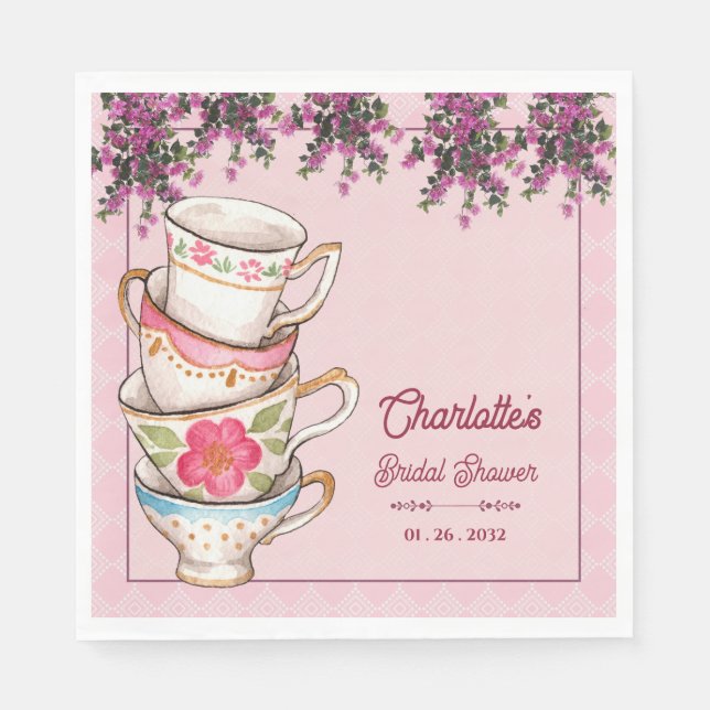 Guardanapo De Papel Elegant Floral Stacked Teacups Bridal Shower Party (Frente)