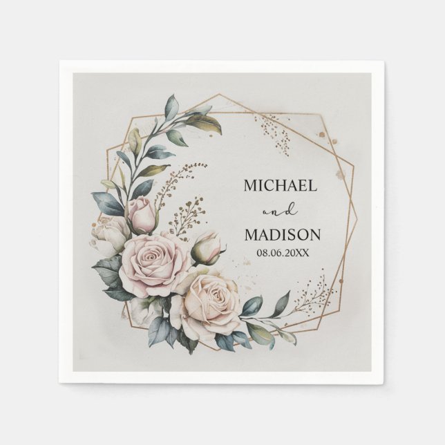 Guardanapo De Papel Elegant Floral Wedding Custom Names & Date Gold  (Frente)