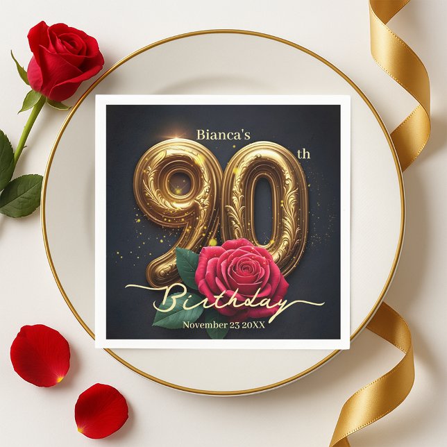 Guardanapo De Papel Elegant Glimmering Red Rose Gold 90th Birthday  (Criador carregado)