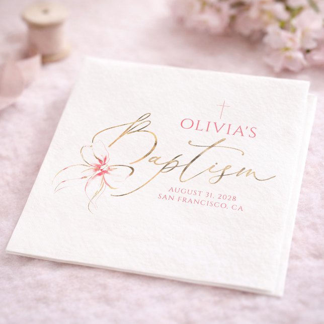 Guardanapo De Papel Elegant Gold and Pink Bow Girl Baptism (Pink Bow Baptism Napkins )