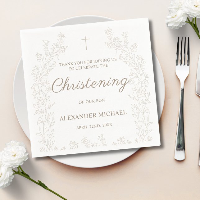 Guardanapo De Papel Elegant Gold Cross Floral Christening Baptism (Criador carregado)