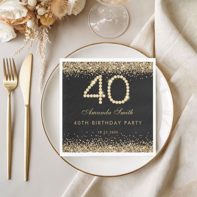 Guardanapo De Papel Elegant Gold Diamonds 40th Birthday Party  (Gold 40th birthday party napkin)